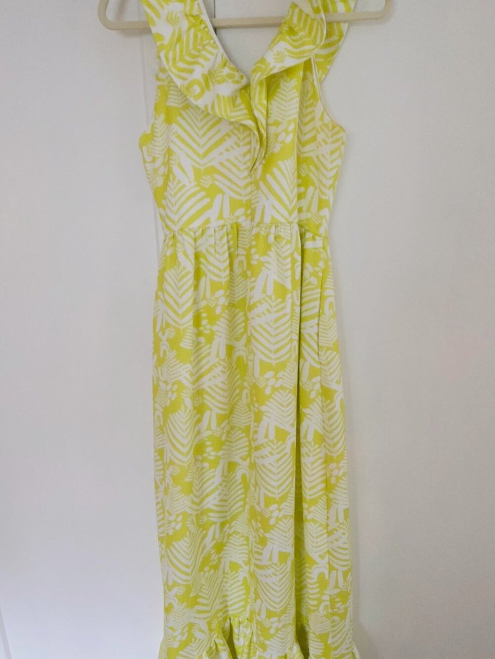 CK Bradley Annabelle Lime Green Tropical Palm Ruffle Maxi Dress